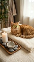 Orange tabby cat with cucumber slices on eyes relaxing on white towels in spa setting with candles and stones for wellness and self-care concept.
