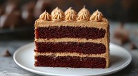 Slice of layered chocolate cake with coffee buttercream frosting on white plate. Rich dark cocoa sponge decorated with piped caramel-colored cream swirls on top.