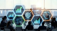 Business team analyzing digital analytics dashboard with hexagonal interface displaying growth charts, target goals and performance metrics in modern office.
