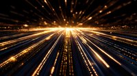 Digital data streams with golden light rays converging toward bright center point creating futuristic technology tunnel effect for cyber concepts.