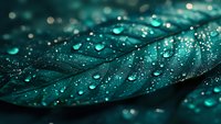 Macro shot of teal leaf covered in water droplets and morning dew, showcasing natural texture and botanical detail for nature and environmental design projects.