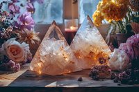 Glowing crystal pyramids surrounded by fresh flowers and dried botanicals on wooden surface, creating mystical atmosphere with warm candlelight and soft window light.