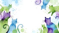 Watercolor cat silhouettes frame with colorful blue green purple felines and decorative swirls on white background for pet design projects.