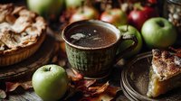 Rustic autumn scene with green ceramic mug of hot drink, apple pie slices, and fresh green apples surrounded by fallen leaves on wooden surface.