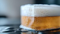 Close-up view of fresh draft beer with dense white foam head and condensation droplets on glass surface against blurred background.