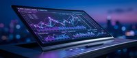 Laptop displaying financial trading charts and market data analysis on screen with purple and blue interface against blurred city lights background at dusk.