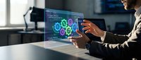 Professional businessman analyzing digital network data visualization on tablet screen in modern office environment for technology presentations.