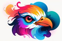 Vibrant eagle head in rainbow colors featuring flowing feathers and striking eye detail against white background, stylized artistic illustration for modern design projects.