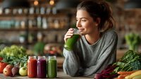 Young woman enjoying green smoothie in cozy kitchen with fresh vegetables and fruit juices, promoting healthy lifestyle and detox nutrition.