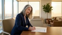 Professional mature Caucasian businesswoman in navy suit signing documents at modern office desk with city view and natural lighting for corporate success.