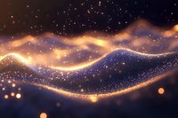 Glowing golden waves with sparkling particles flow through dark space creating magical atmosphere against starry background for festive designs.