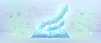 Open book with holographic data visualization arrows emerging, digital analytics interface background for business growth presentations.