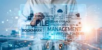 Business professional managing digital files with cloud storage and data management technology overlay on blue background.