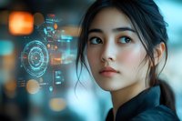 Young Asian woman looking at futuristic holographic interface display with glowing HUD elements and digital circles in modern tech environment.