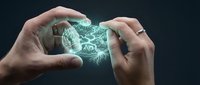 Hands holding glowing transparent sphere with neural network brain visualization for artificial intelligence and technology concepts.