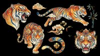 Tiger head roaring, walking tiger, jumping tiger, and decorative elements isolated on transparent background. Ready for t-shirt design, clipart, stickers, sublimation, and print-on-demand products.
