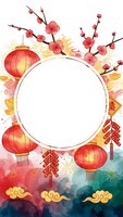 Chinese New Year celebration frame with red lanterns, plum blossoms, fireworks and traditional decorations on colorful background with blank circle space.