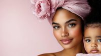 African American mother and daughter portrait with pink floral headwrap against soft pink background for beauty and family lifestyle concepts.