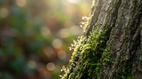 Green moss growing on tree bark in sunlight with natural bokeh background for environmental and nature concepts.