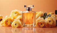 Elegant glass perfume bottle surrounded by fresh yellow ranunculus flowers on reflective surface against warm peach background, luxury fragrance and floral composition.