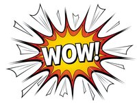 Comic book style explosion burst with WOW text in bold letters. Colorful pop art design with radiating lines on white background for graphic projects.