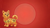 Golden ornate cat with decorative patterns on red background with circular space for text or design elements.