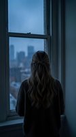 Young Caucasian woman in knit sweater gazing at rainy city skyline through window, moody blue atmosphere conveying loneliness and contemplation.