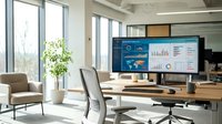 Modern office workspace with dual monitor setup displaying business analytics dashboard and data visualization charts on wooden desk in bright contemporary room.