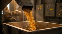 Industrial grain processing equipment pouring golden wheat or cereal into metal container in modern factory facility with warm lighting and machinery.