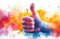 Thumbs up gesture on vibrant watercolor background showing positivity and approval. Creative composition with splashing red, orange and blue paint effects.