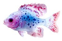 Watercolor pink and blue spotted fish with flowing fins and delicate details, artistic marine life illustration on white background for nature decor.