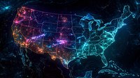 Glowing neon map of United States with state borders outlined in vibrant gradient colors from pink to blue on dark background, showing population density patterns.