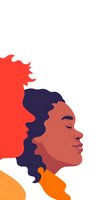 Minimalist profile portrait of African American woman with curly hair and closed eyes in coral, navy and orange tones on white background, isolated design element.