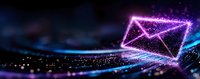 Glowing digital envelope symbol with purple and blue light trails floating in dark cyberspace, representing electronic mail communication and messaging technology.