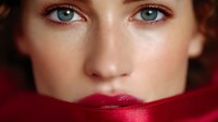 Close up portrait of young woman with bright blue eyes and red lipstick partially covered with silky red fabric, showing mysterious and sensual expression.
