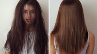 Young Asian woman showing hair transformation - before and after professional hair treatment comparison displaying damaged versus healthy, straight, smooth brunette hair.