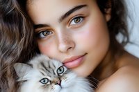 Young woman with curly brown hair cuddling adorable fluffy kitten with blue eyes. Natural beauty portrait showing tender moment between pet owner and cat.