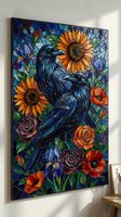 Stained glass style artwork featuring two black ravens surrounded by vibrant sunflowers, roses, and iris flowers in mosaic pattern for home decor.