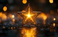 Glowing golden star decoration with magical bokeh lights reflecting on wet surface creates festive holiday atmosphere. Warm light sparkles in dark background.