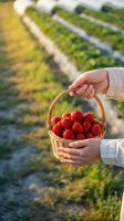 Fresh strawberries in wicker basket held by farmer hands at organic farm field during harvest season for healthy eating and agricultural marketing.