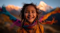 Joyful young Asian girl with braided hair laughing in colorful scarf against mountain sunset backdrop, expressing pure happiness and carefree childhood spirit.