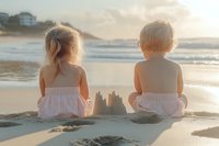 Two young children sitting on beach at sunset watching waves, sandcastle between them. Blonde toddlers in light summer clothes share peaceful moment by ocean shore in golden light.