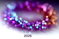 Blurred festive lights forming circular pattern with vibrant purple, blue and orange bokeh effects against dark background with 2026 text for New Year celebration.