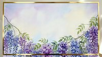 Watercolor wisteria floral border with purple and blue blooms on soft pastel sky background, framed in gold, for cards and invitations.
