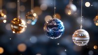 Elegant Christmas ornaments hanging with warm golden bokeh lights creating festive holiday atmosphere for seasonal decorations and celebrations.