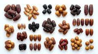 Assorted dried dates and nuts arranged in organized clusters on white background, showcasing variety of types for food, nutrition, healthy snacking, and culinary design projects.