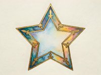 Watercolor star with gold ornamental border, featuring soft pastel hues of blue, pink, and yellow, painted on textured paper.