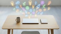 Wooden desk with laptop, notebook, and coffee cup displaying colorful glowing innovation icons including lightbulbs, gears, and growth symbols for business, creativity, and technology concepts.