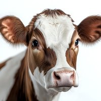 Close up portrait of brown and white dairy cow face with large expressive eyes and pink nose against white background, isolated for agricultural and farming designs.