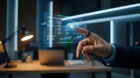 Businessman in dark suit interacting with holographic data analytics display showing charts and graphs in modern office environment with neon lighting for technology and business solutions.